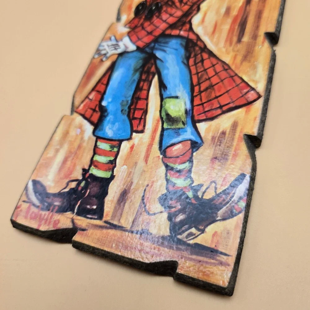 Vintage Idylle Italy Wood Wall Plaque Mid Century Boy Plaid Coat Art